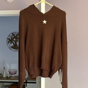 Elegant Brown Cowl Neck Sweater with Star Accent